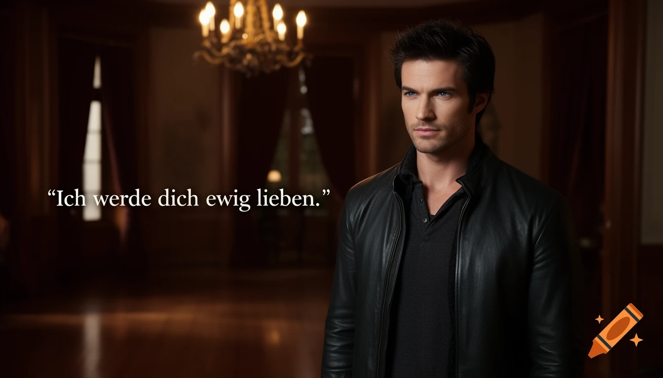 A man resembling Damon Salvatore in a dark room with the German text "Ich werde dich ewig lieben." Photorealistic.