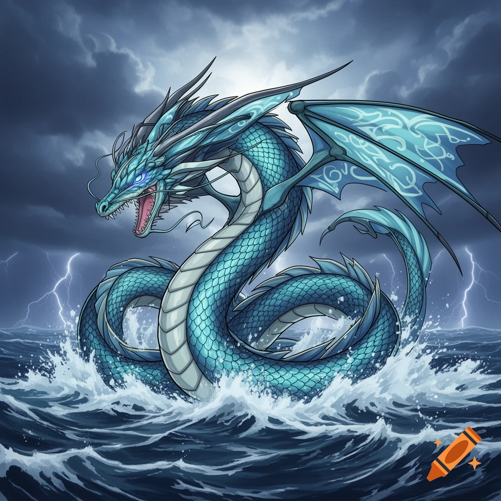 Anime-style blue sea dragon emerging from a stormy ocean with lightning.