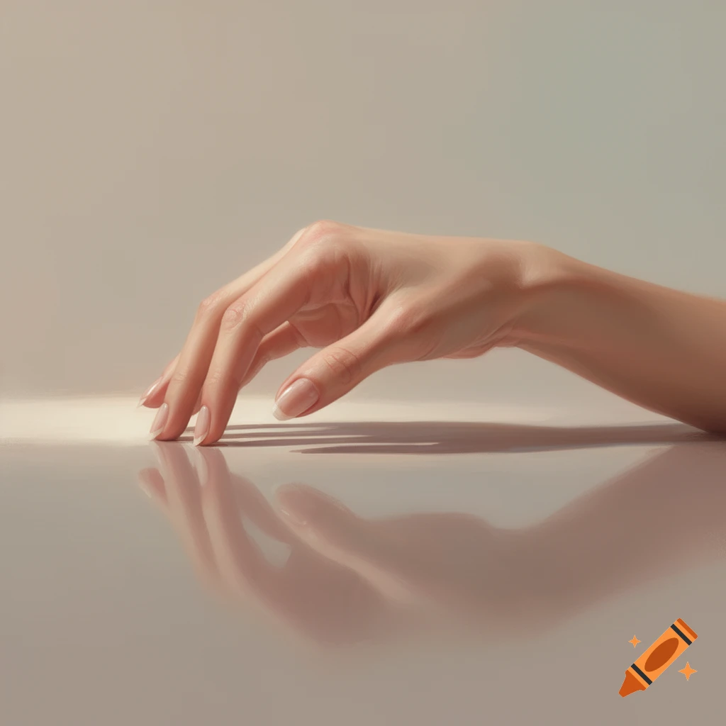 A woman's right hand with manicured nails gently rests on a reflective surface, casting a soft shadow against a light background.