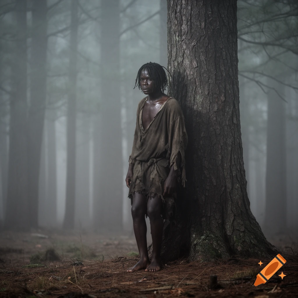 A somber person in torn clothes leans against a tree in a misty, dark forest.