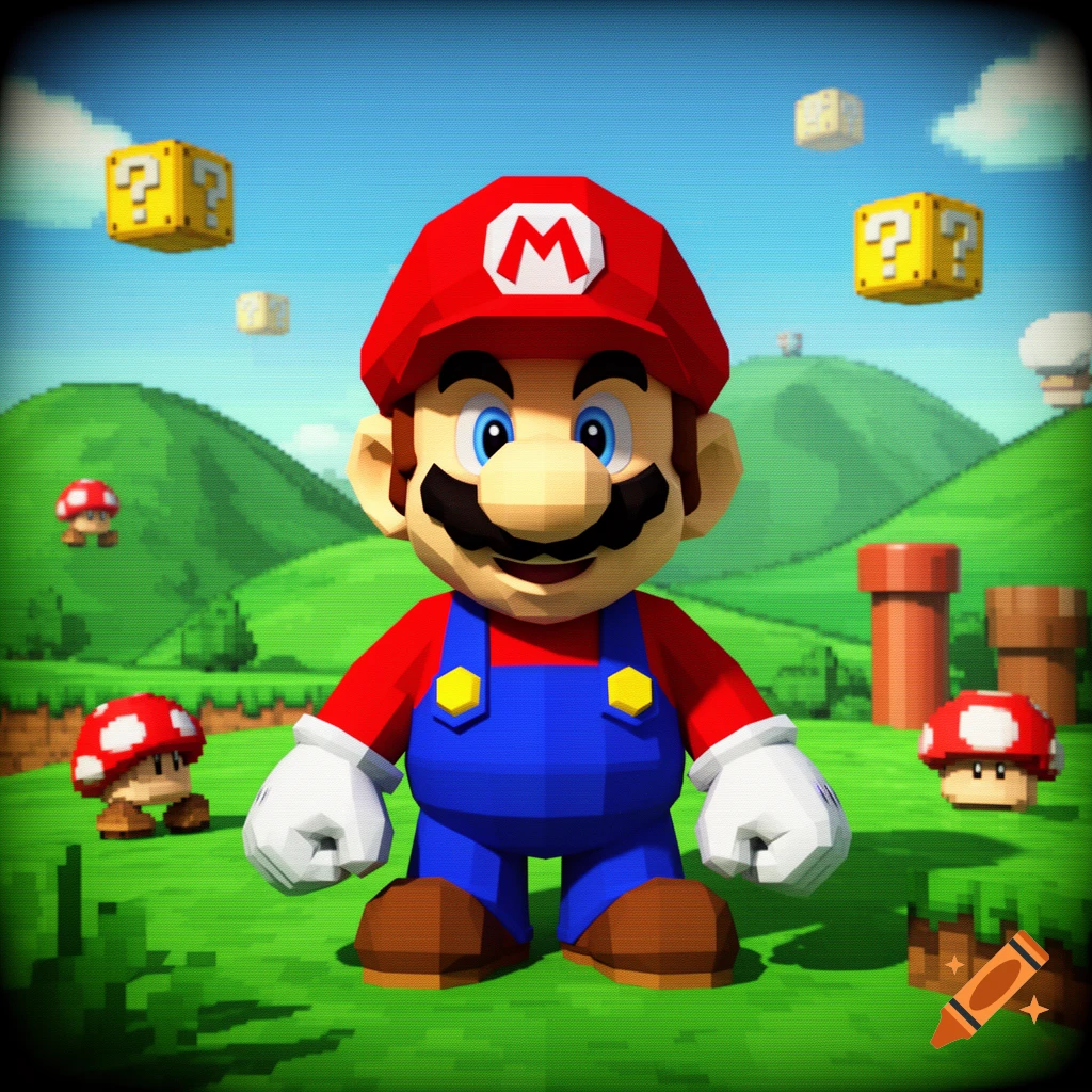Low-poly Mario stands smiling in a pixelated green landscape with question blocks, mushrooms, and pipes, evoking an N64 era video game.
