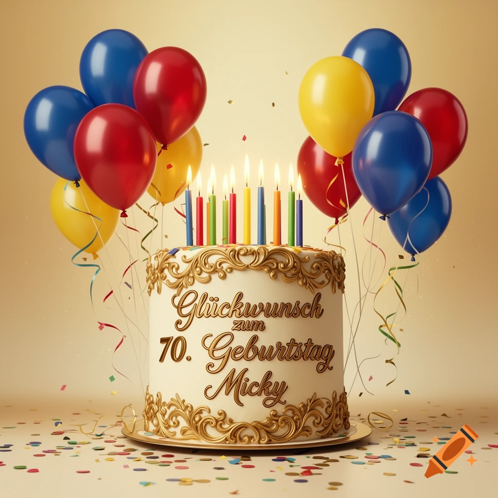 A white birthday cake with gold scrollwork, lit candles, colorful balloons, and 'Glückwunsch zum 70. Geburtstag Micky' written on it.