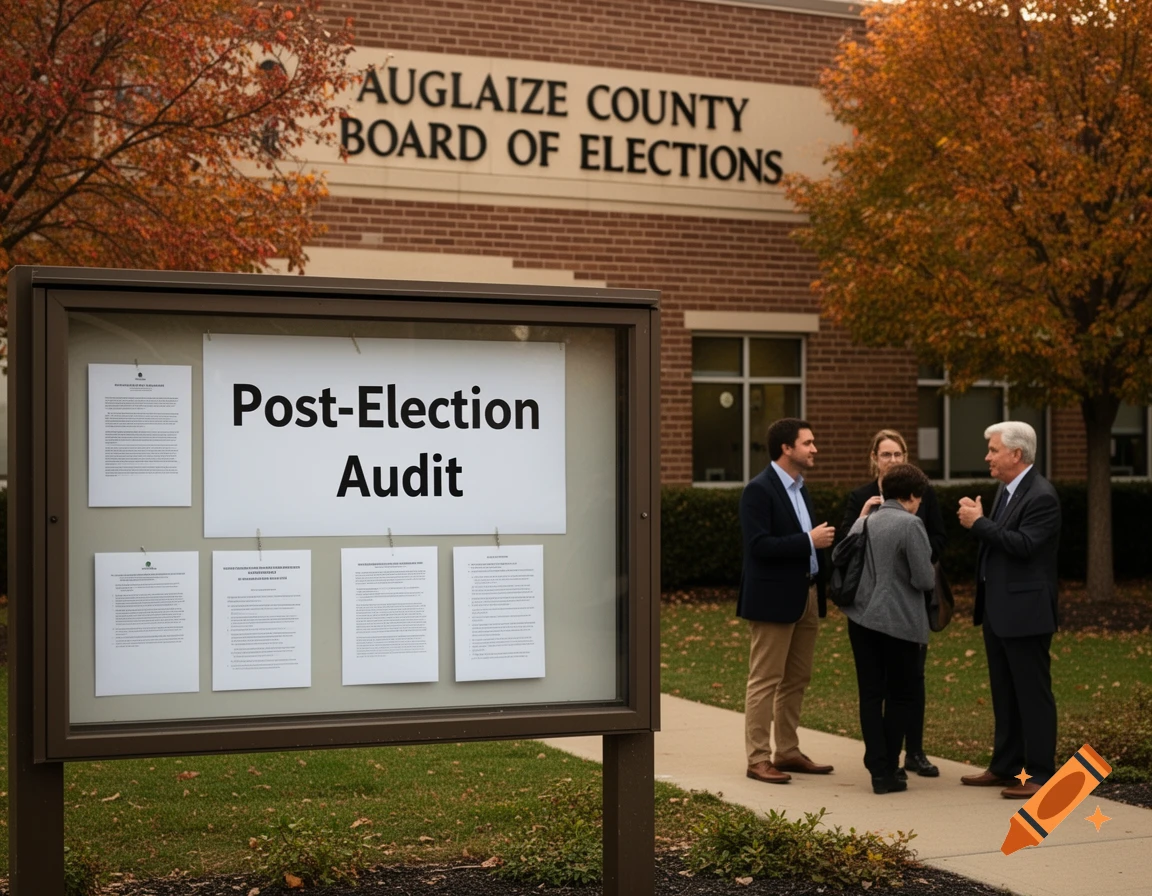A photorealistic image shows a sign displaying 'Post-Election Audit' in front of the Auglaize County Board of Elections building. Four people chat on the sidewalk in autumn.