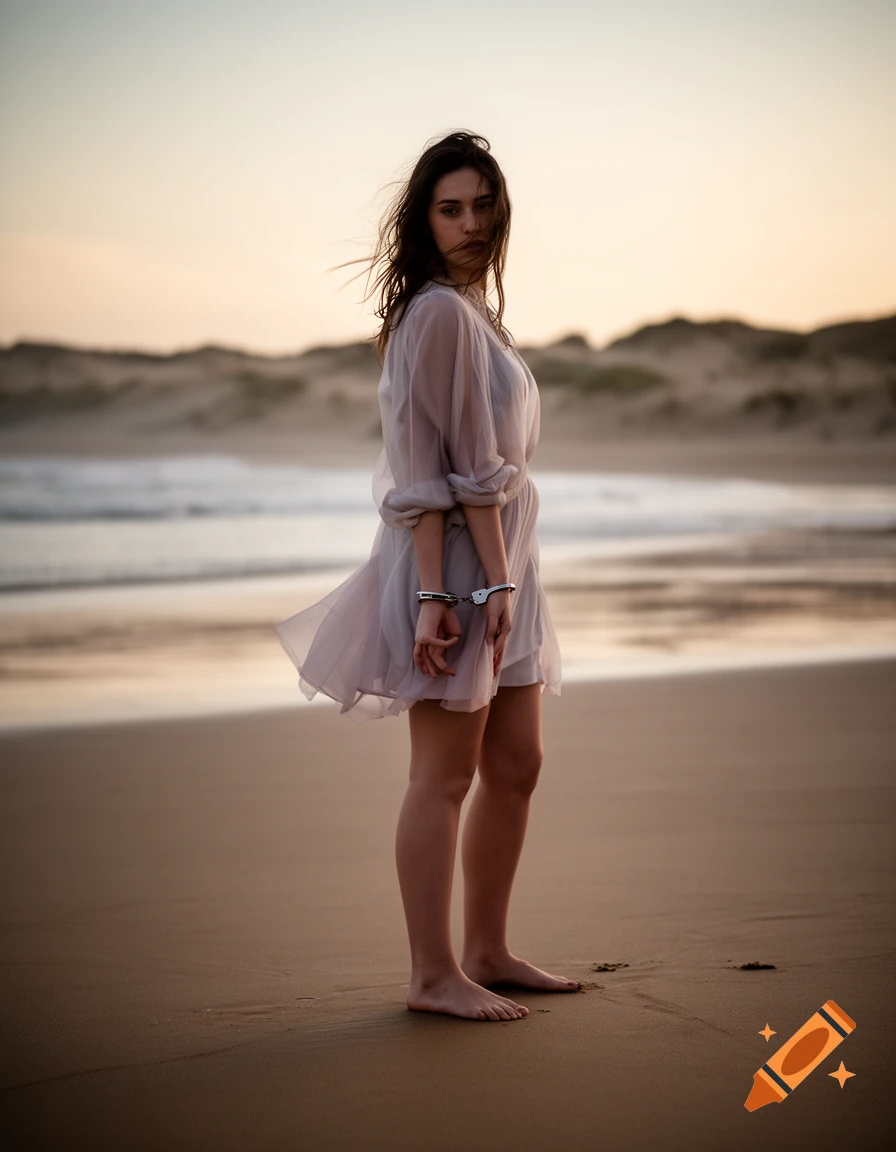 A barefoot woman in a sheer white short dress stands handcuffed behind her back on a sandy beach at sunset, looking over her shoulder.