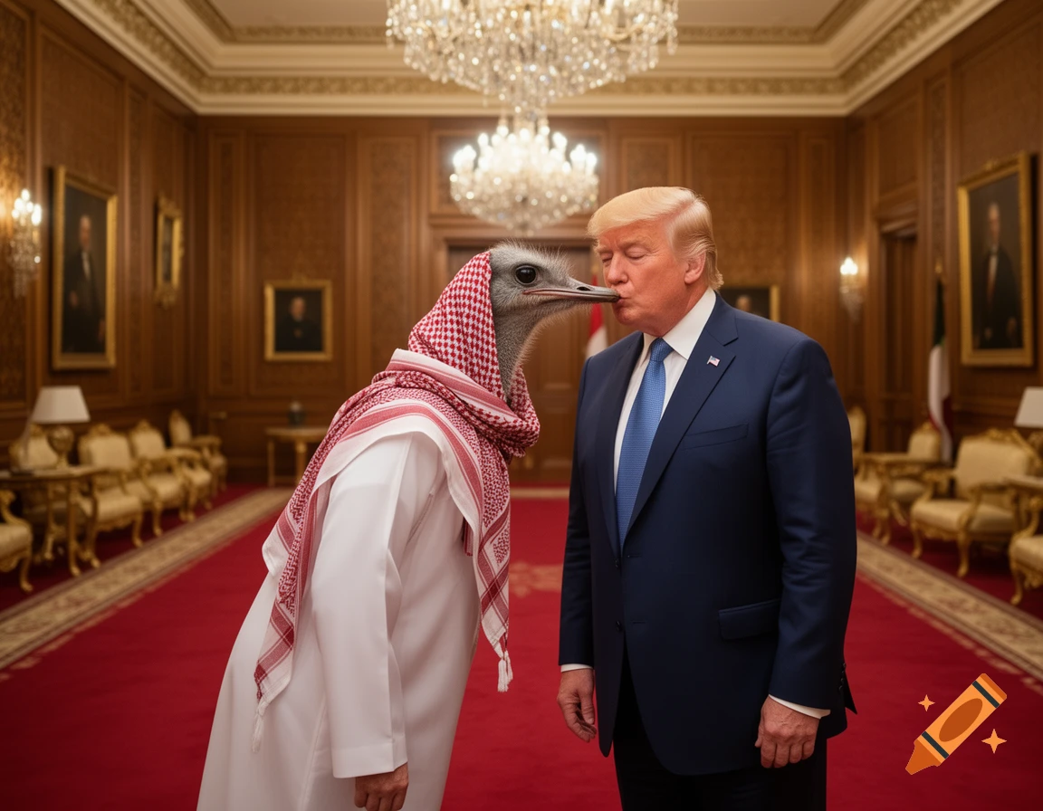 Donald Trump is kissed by a person with an ostrich head wearing traditional Kuwaiti attire in an opulent room.