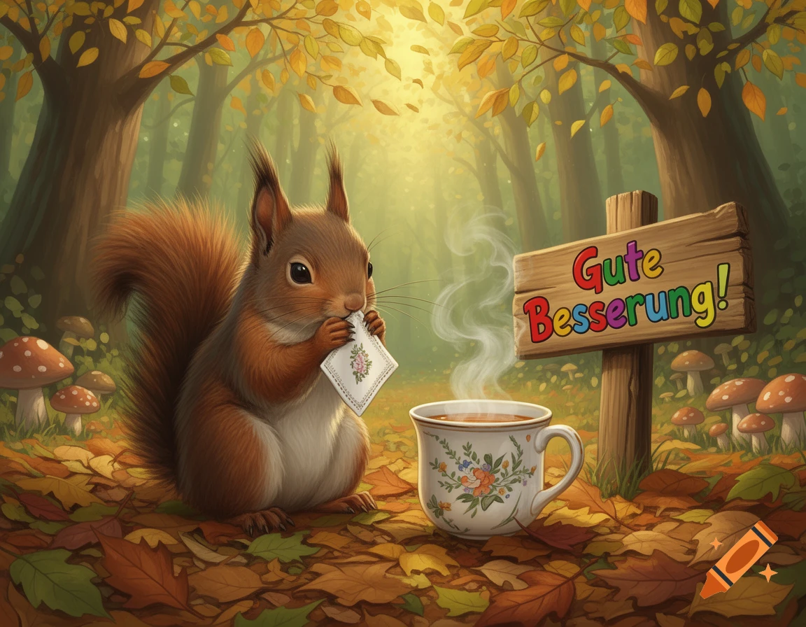 A cute squirrel holds a small cloth next to a steaming floral teacup and a wooden sign saying "Gute Besserung!" in an autumn forest with fallen leaves.