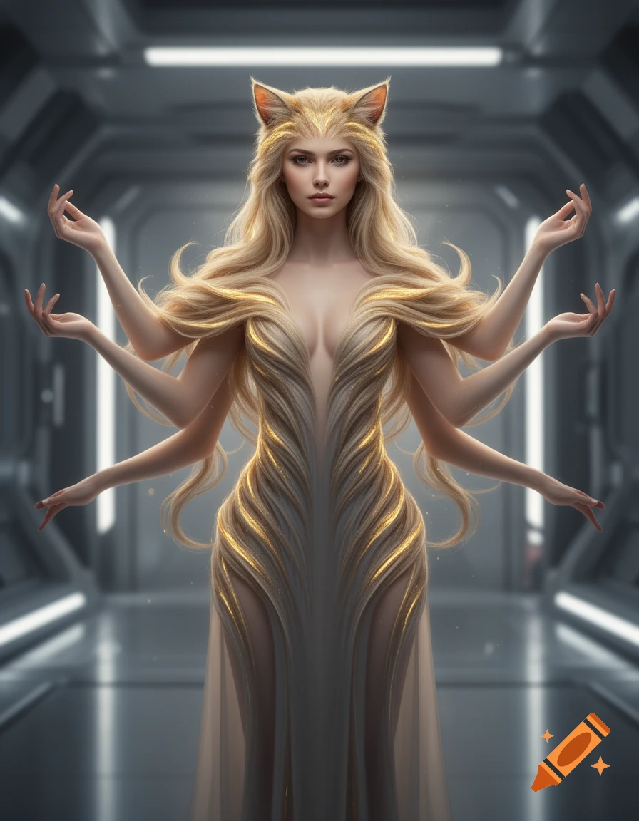 A blonde woman with multiple arms and cat ears in a flowing white and gold dress stands in a futuristic corridor.