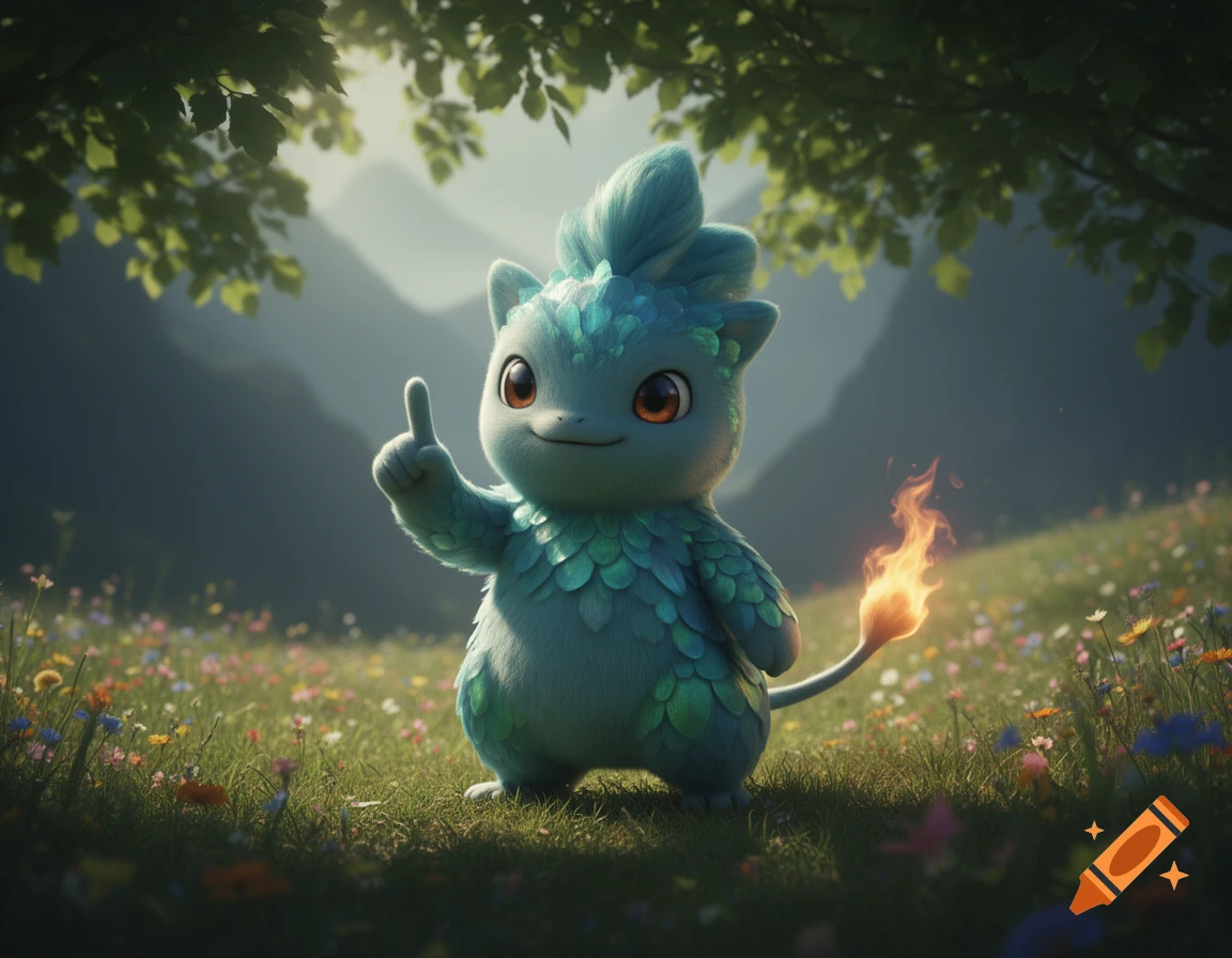 A cute, stylized blue and green leaf-covered creature with big orange eyes and a fiery tail stands in a field of wildflowers, pointing one finger upwards.