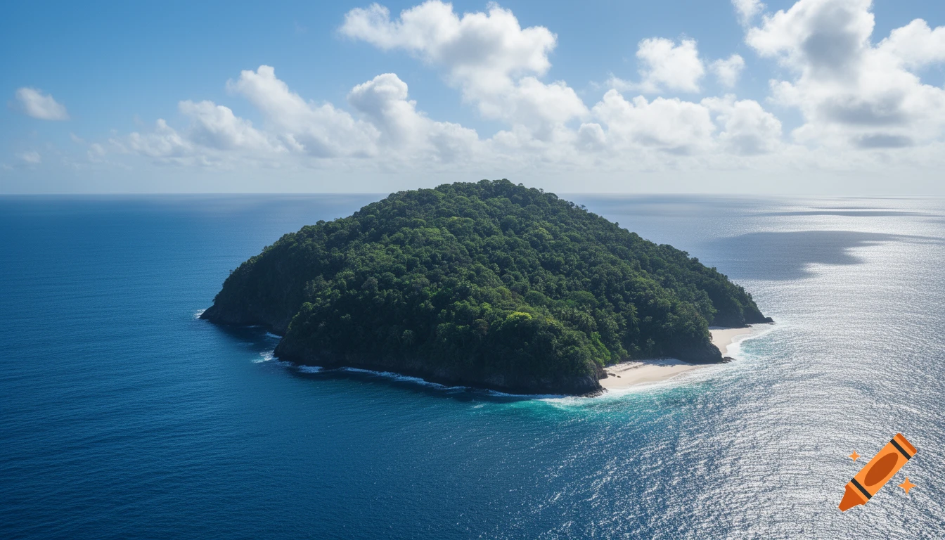 Aerial view of a lush green island with a small white sand beach surrounded by deep blue ocean under a blue sky with white clouds.