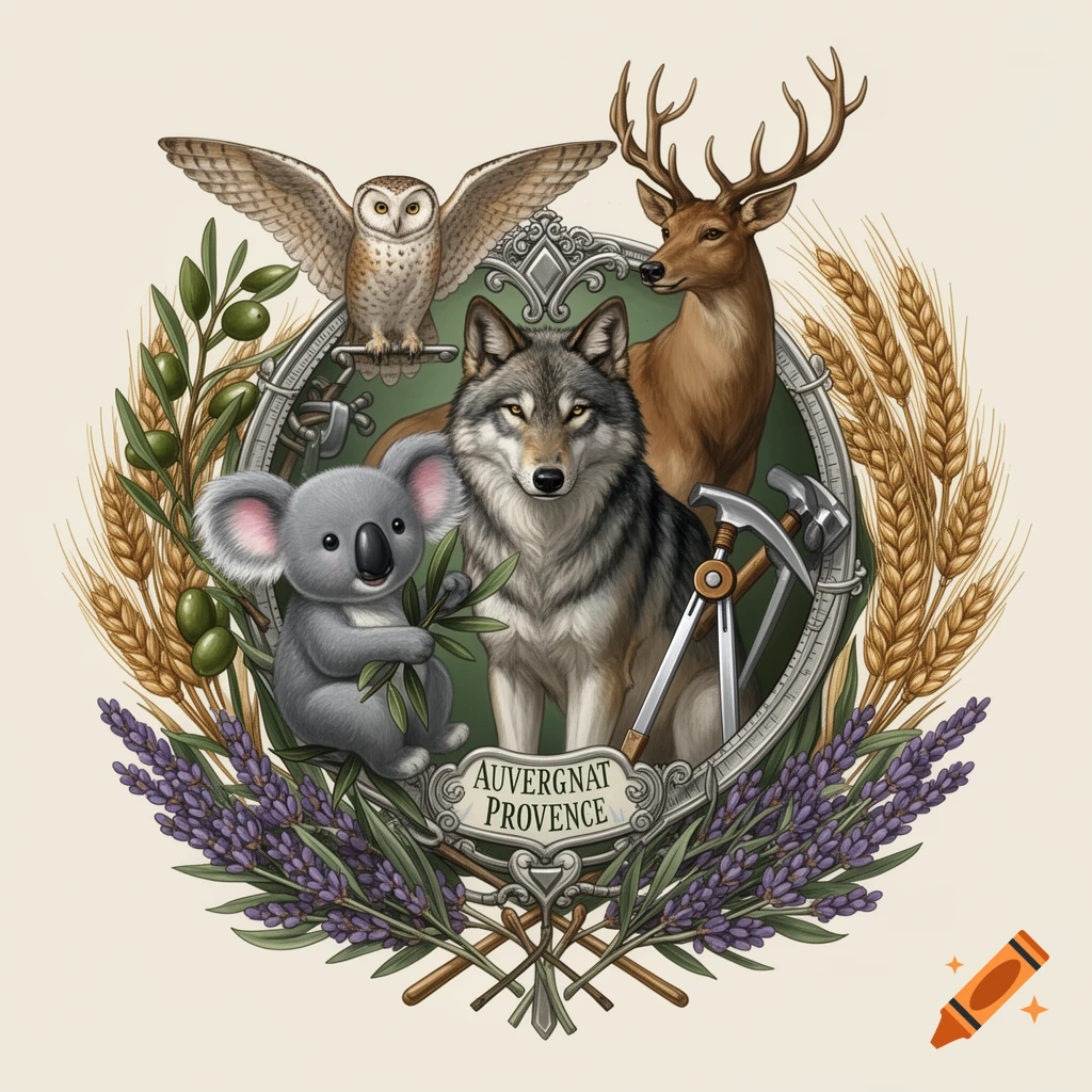 A heraldic crest featuring a wolf, koala, owl, and deer, surrounded by wheat, olives, lavender, and tools, with 'AUVERGNAT PROVENCE' on a banner.