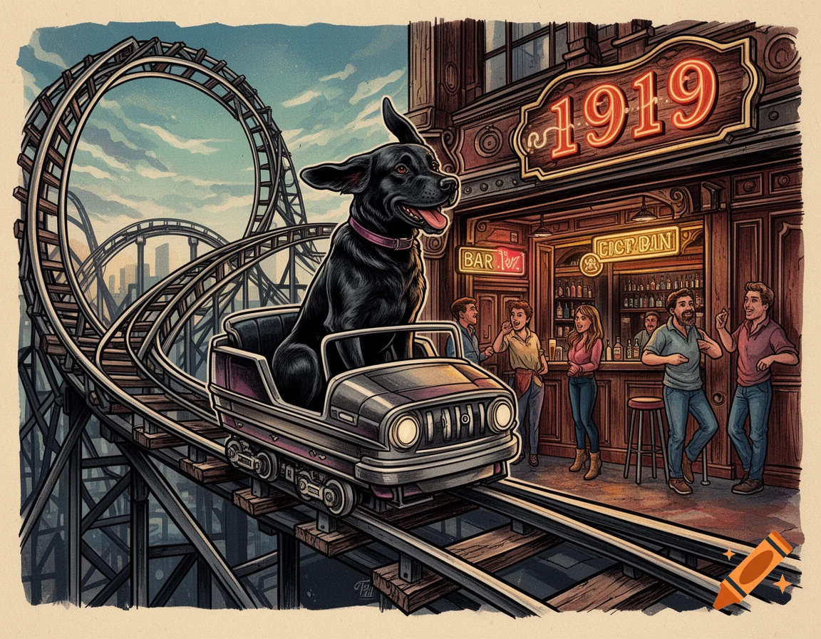 A cartoonish black labrador dog rides a rollercoaster car towards a bar named "1919", with people gathered inside.
