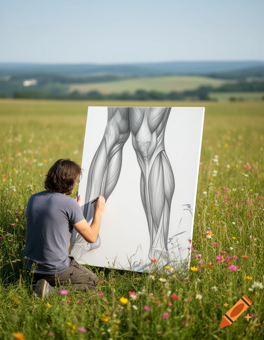 A person kneels in a grassy field, drawing a detailed anatomical illustration of human legs on a large canvas.
