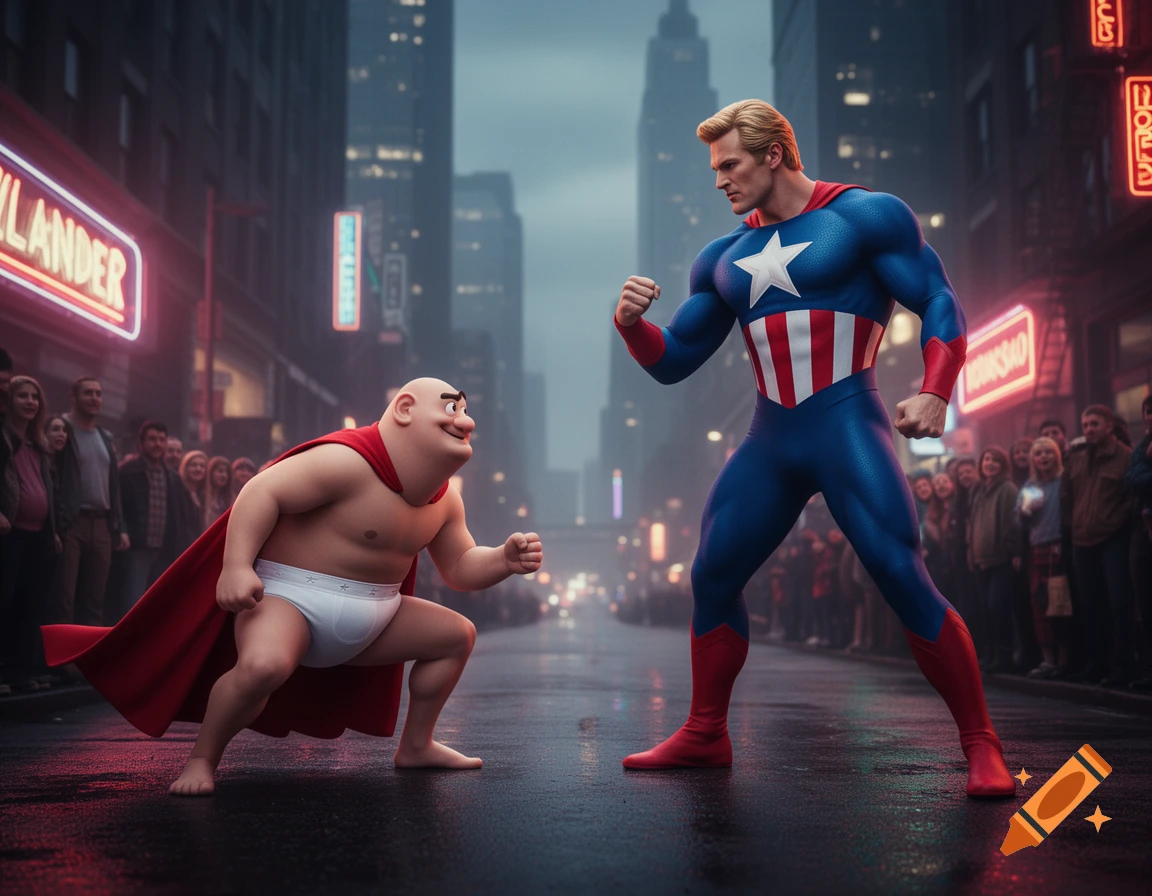 Cartoon Captain Underpants in briefs and cape faces off against a muscular superhero in a blue, red, and white suit on a rainy city street with onlookers.