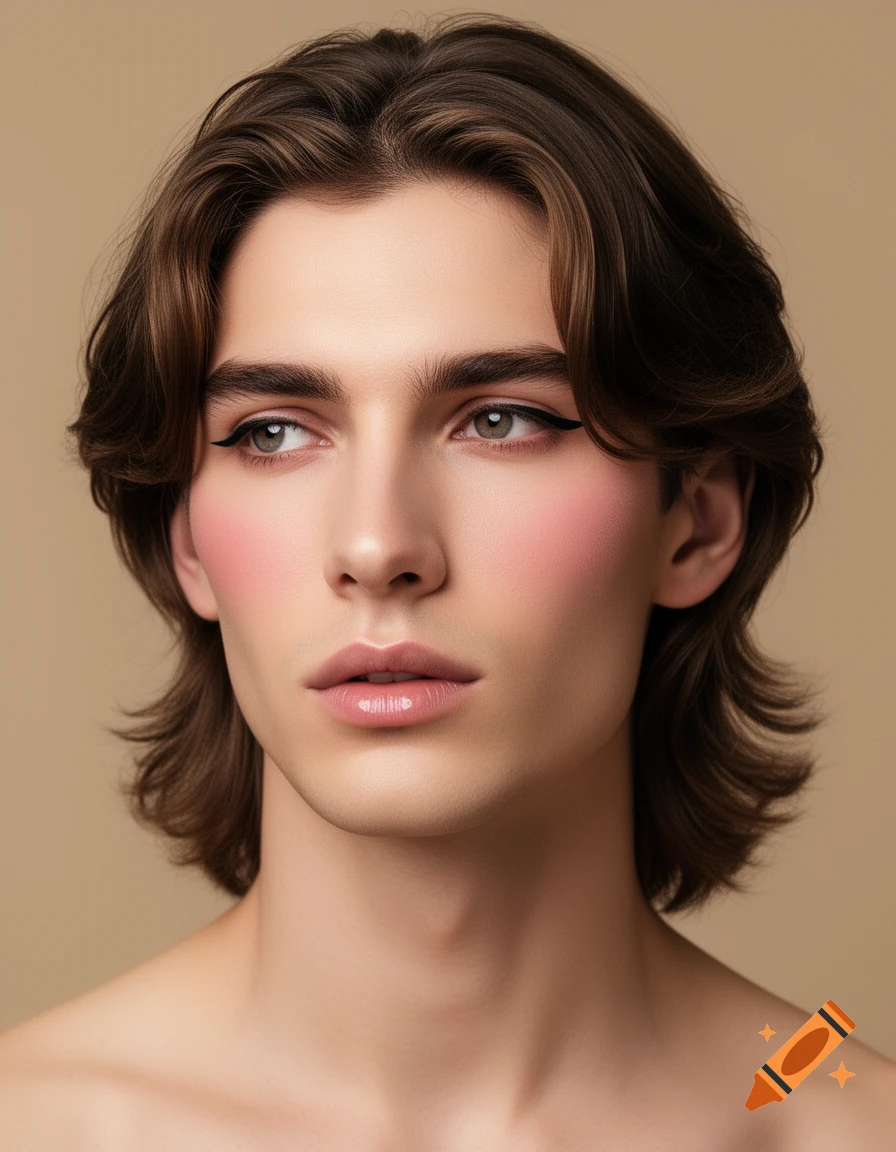 Photorealistic portrait of a young man with long brown hair, subtle eyeliner, and pink blush looking to the side.