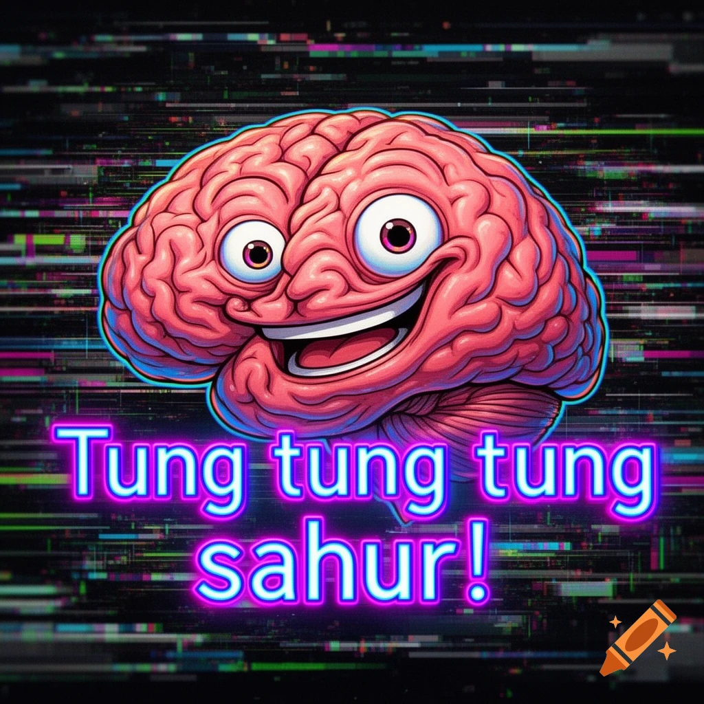 A smiling cartoon brain with wide eyes and neon text 'Tung tung tung sahur!' over a glitch art background.