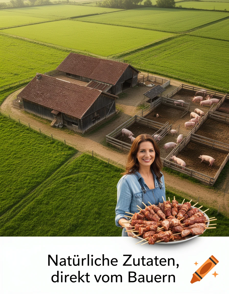 A smiling woman holds a platter of raw meat skewers in front of an aerial view of a pig farm with barns and green fields. Text below reads: "Natürliche Zutaten, direkt vom Bauern".