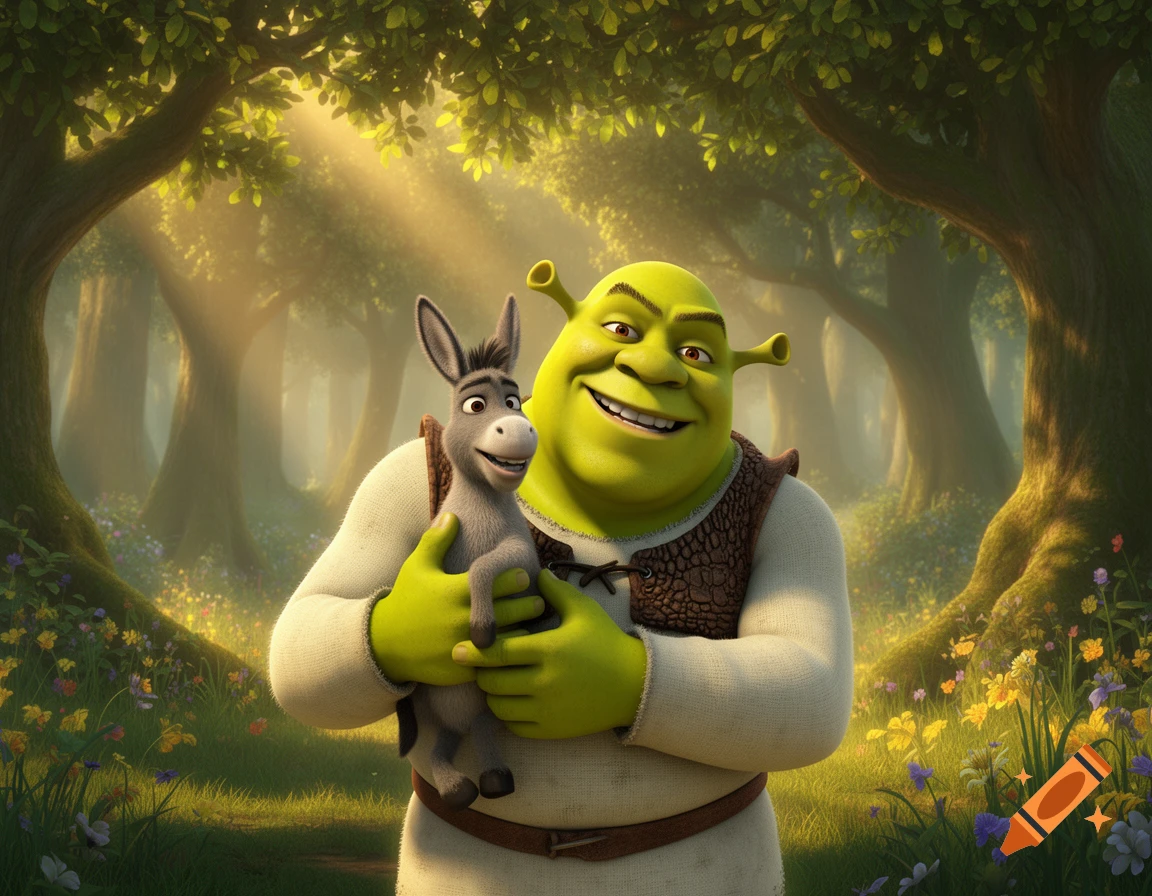 Shrek smiles while holding a small donkey in a sunlit, vibrant fantasy forest.