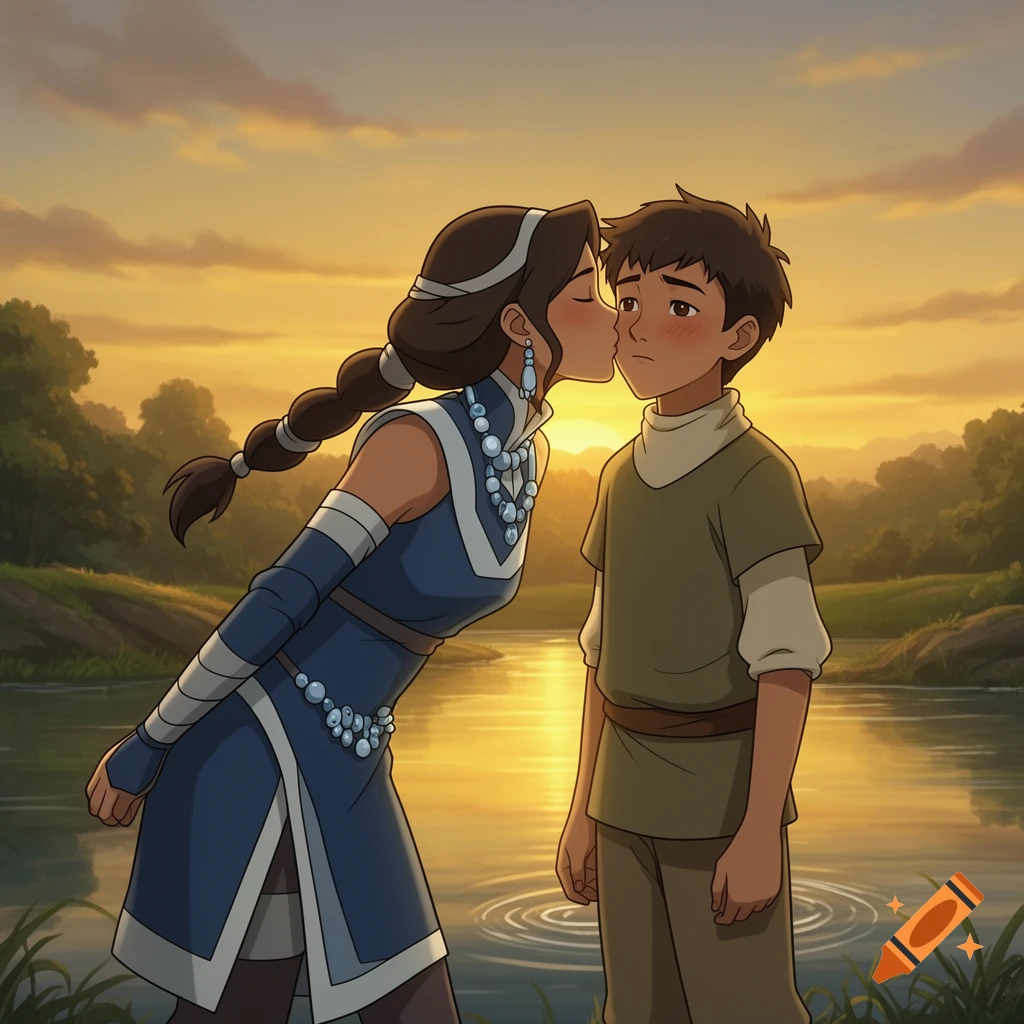 Anime-style Katara kissing a boy on the cheek by a lake at sunset.
