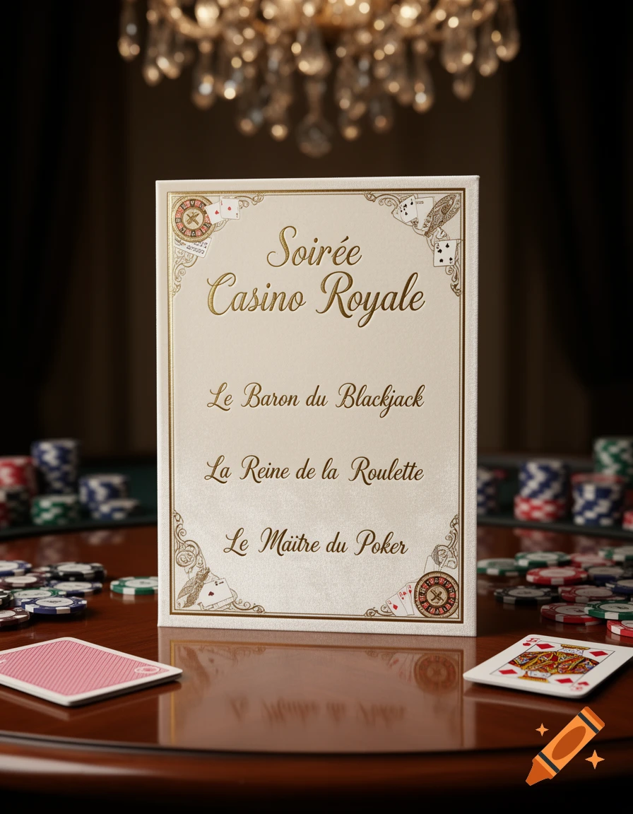A chic casino-themed invitation card on a polished table with poker chips, playing cards, and a chandelier in the background.