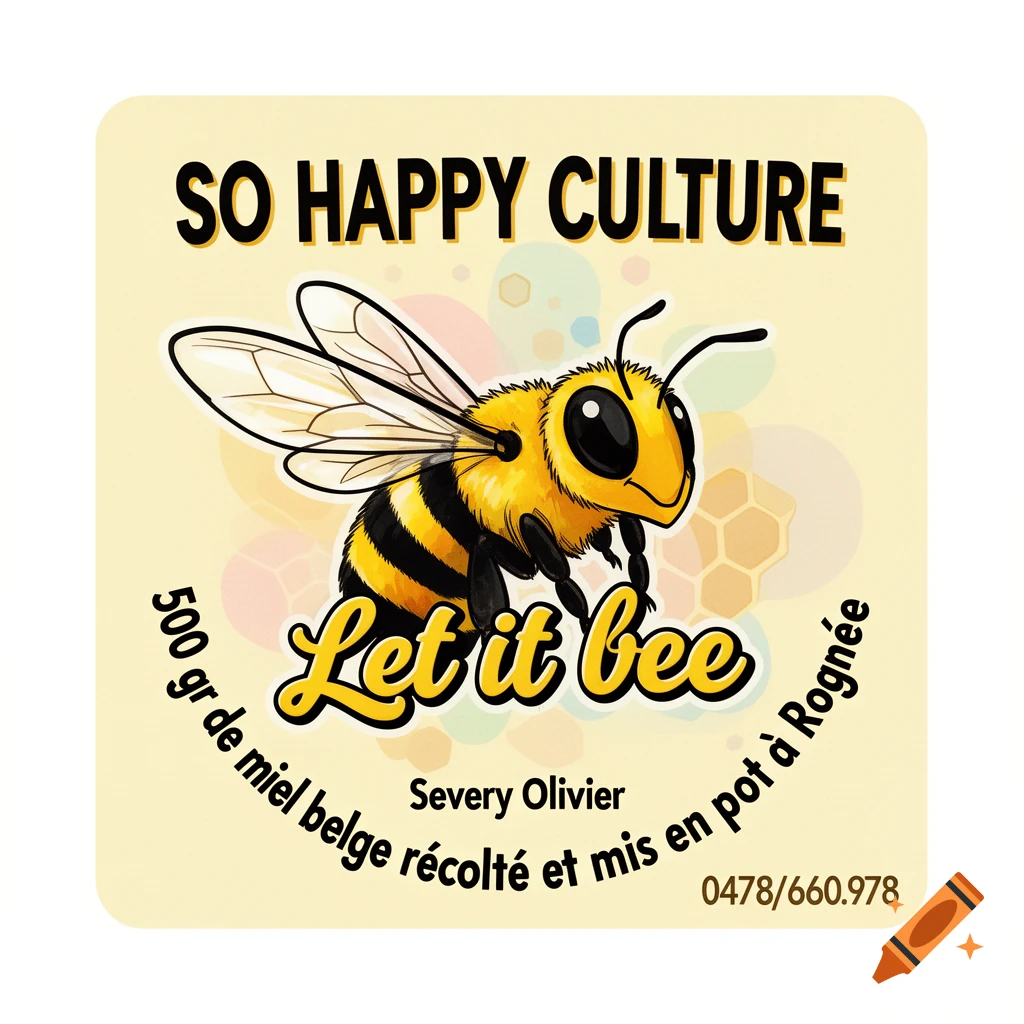 A cream-colored square honey label features a cartoon bee and text 'SO HAPPY CULTURE', 'Let it bee', and product details.