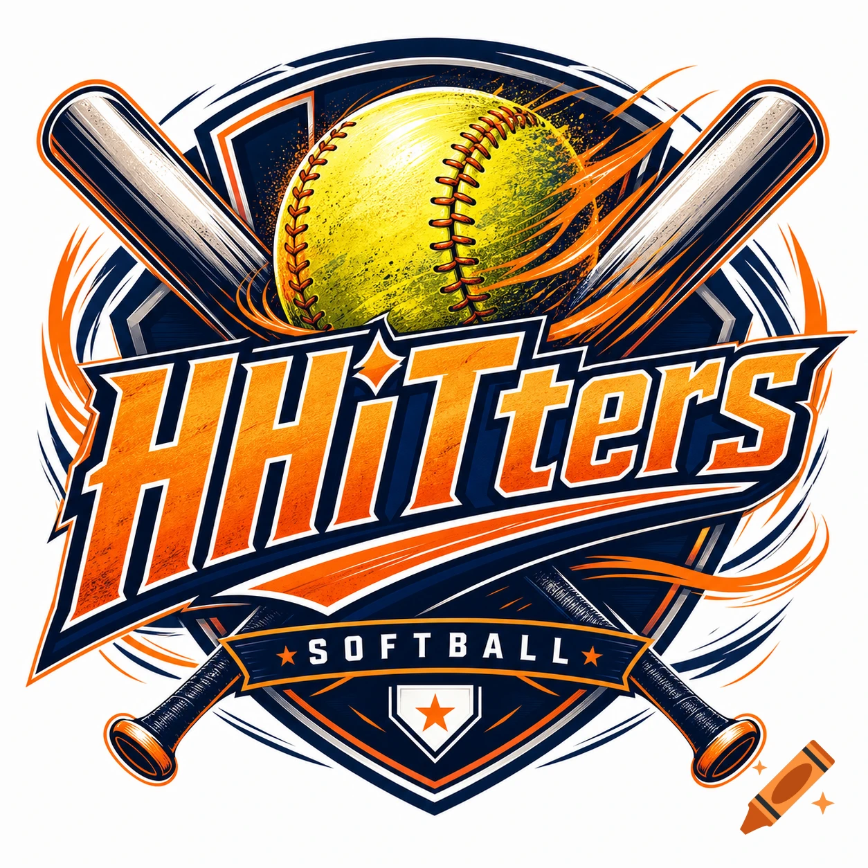 A dynamic sports logo featuring a yellow softball, two crossed baseball bats, and the words 'HHiTters Softball' in orange and blue.