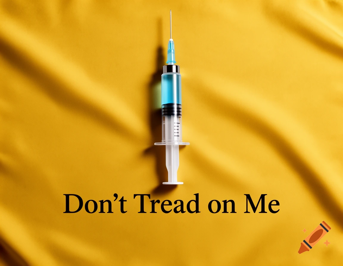 A close-up of a syringe filled with blue liquid resting on a yellow cloth, with the text "Don't Tread on Me" below it.