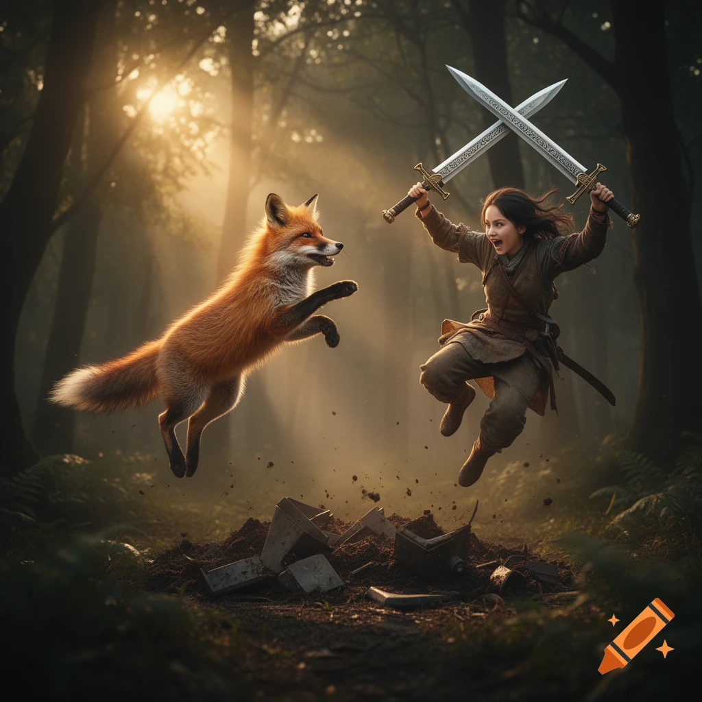 A young girl with two crossed swords and a fox leap in a sunny, mystical forest, kicking up dirt.