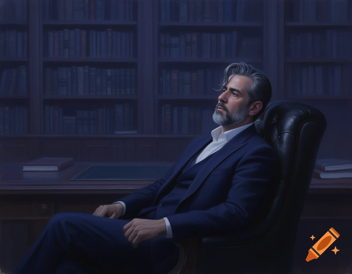 A man with a beard and grey hair in a navy suit sits brooding in a leather chair in a dark office with bookshelves, in a realistic digital painting.