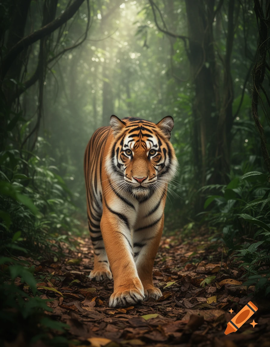 A photorealistic tiger walks towards the viewer on a path covered in fallen leaves through a misty, dense jungle.