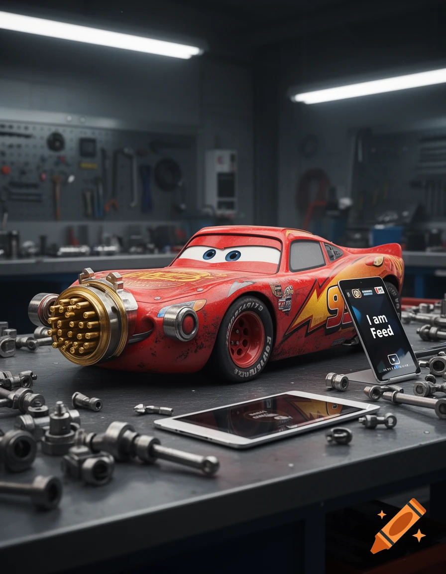 Lightning McQueen reimagined as a D38999 connector in a dark workshop, with a phone showing 'I am Feed' and scattered parts.