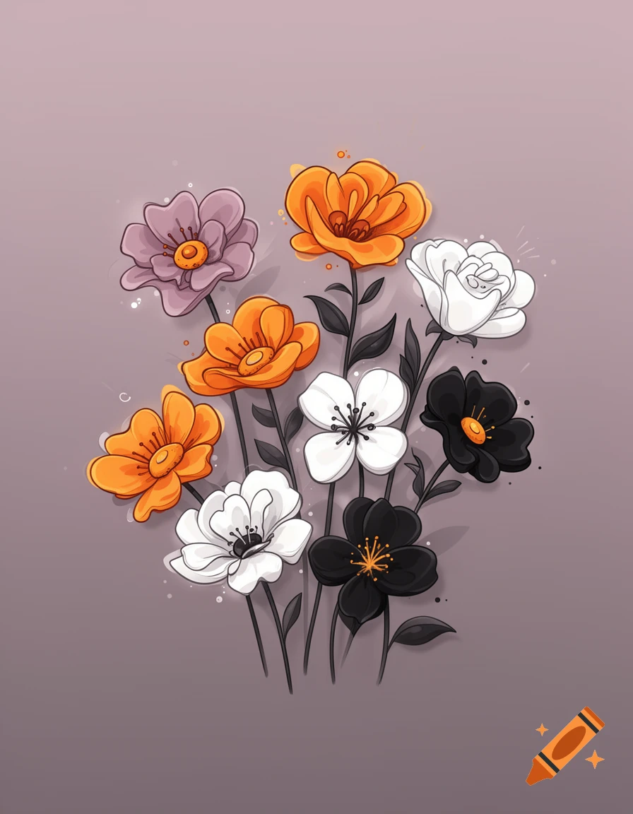 A stylized illustration of a bouquet of orange, white, dark grey, and purple flowers with dark stems on a light grey background.