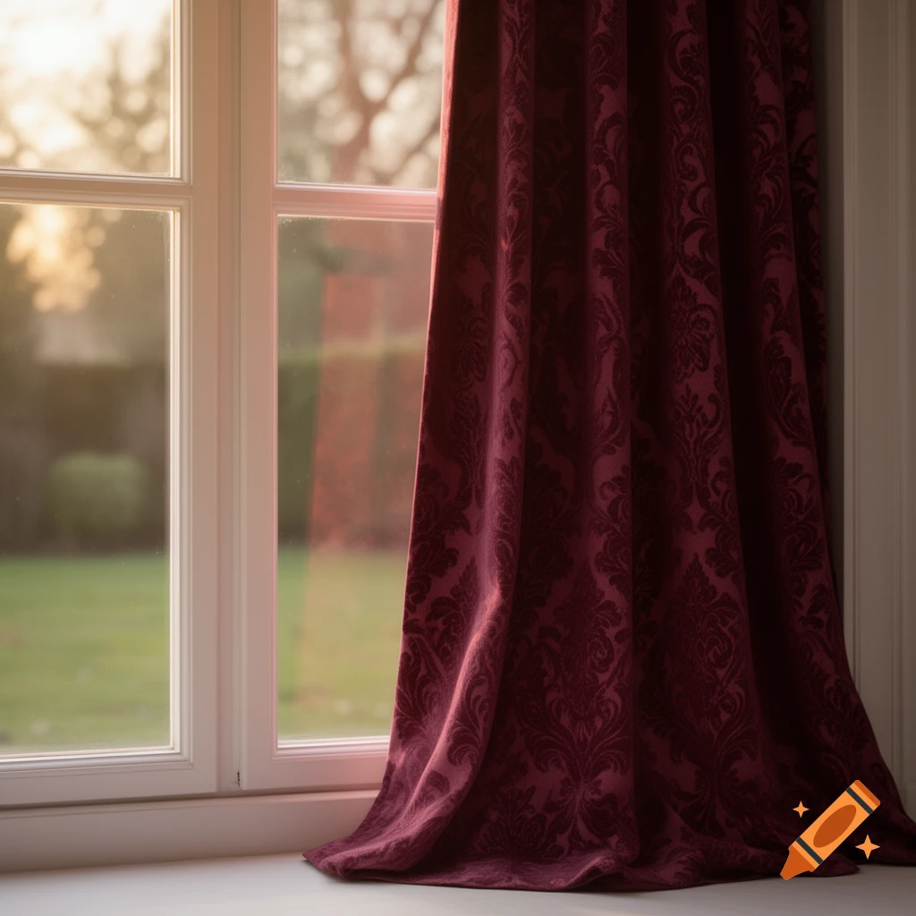 A red damask curtain partially covers a window, with soft golden light from a blurred garden outside.