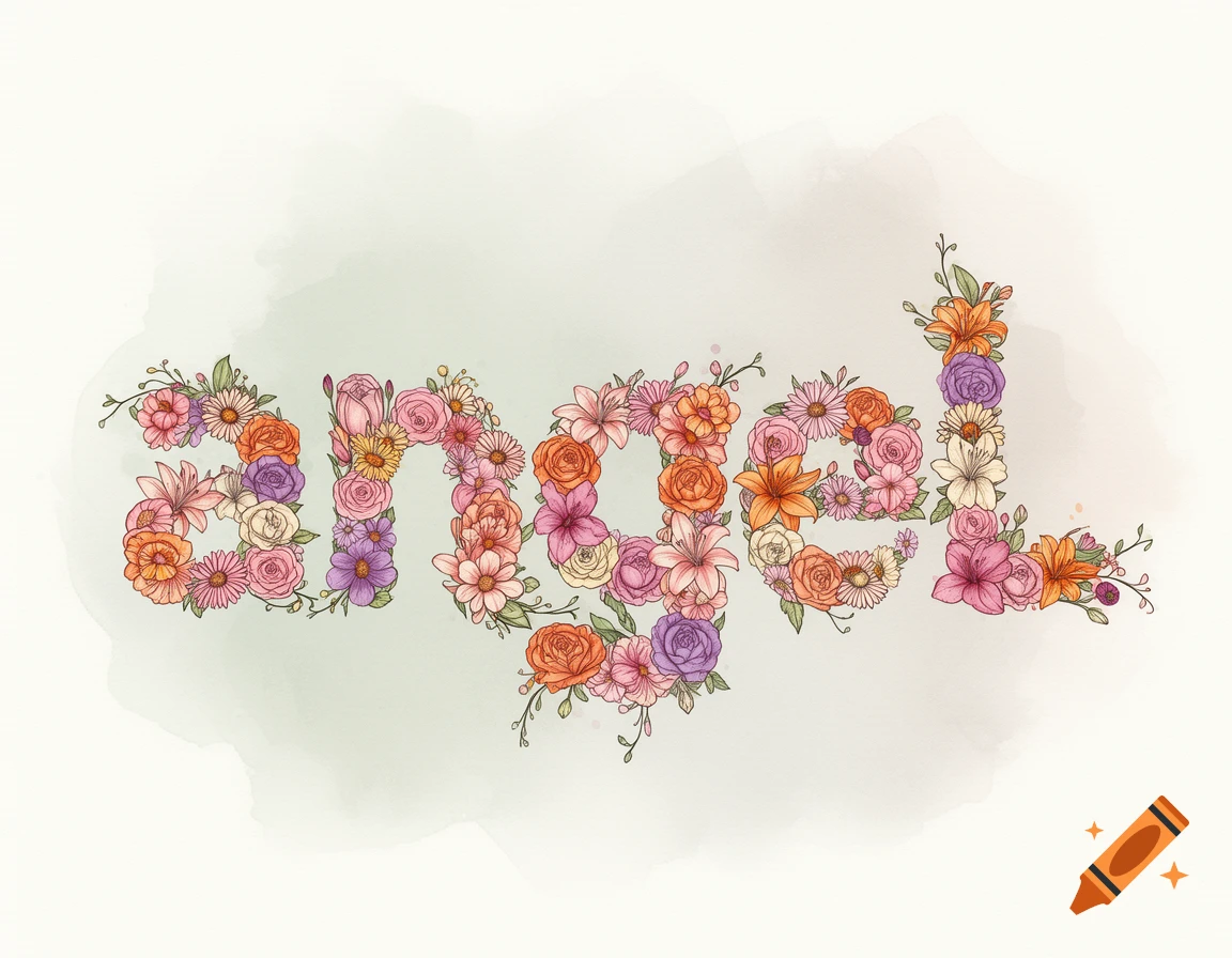 The word "angel" formed by colorful outlined flowers against a subtle green watercolor background.