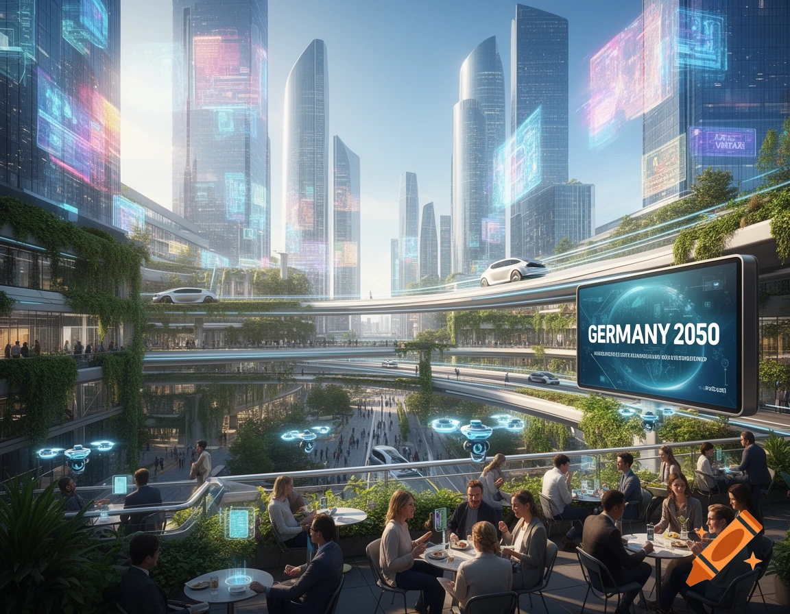 A vibrant, futuristic city in 2050, featuring towering skyscrapers, elevated transport, green spaces, and a large screen displaying 'GERMANY 2050'.