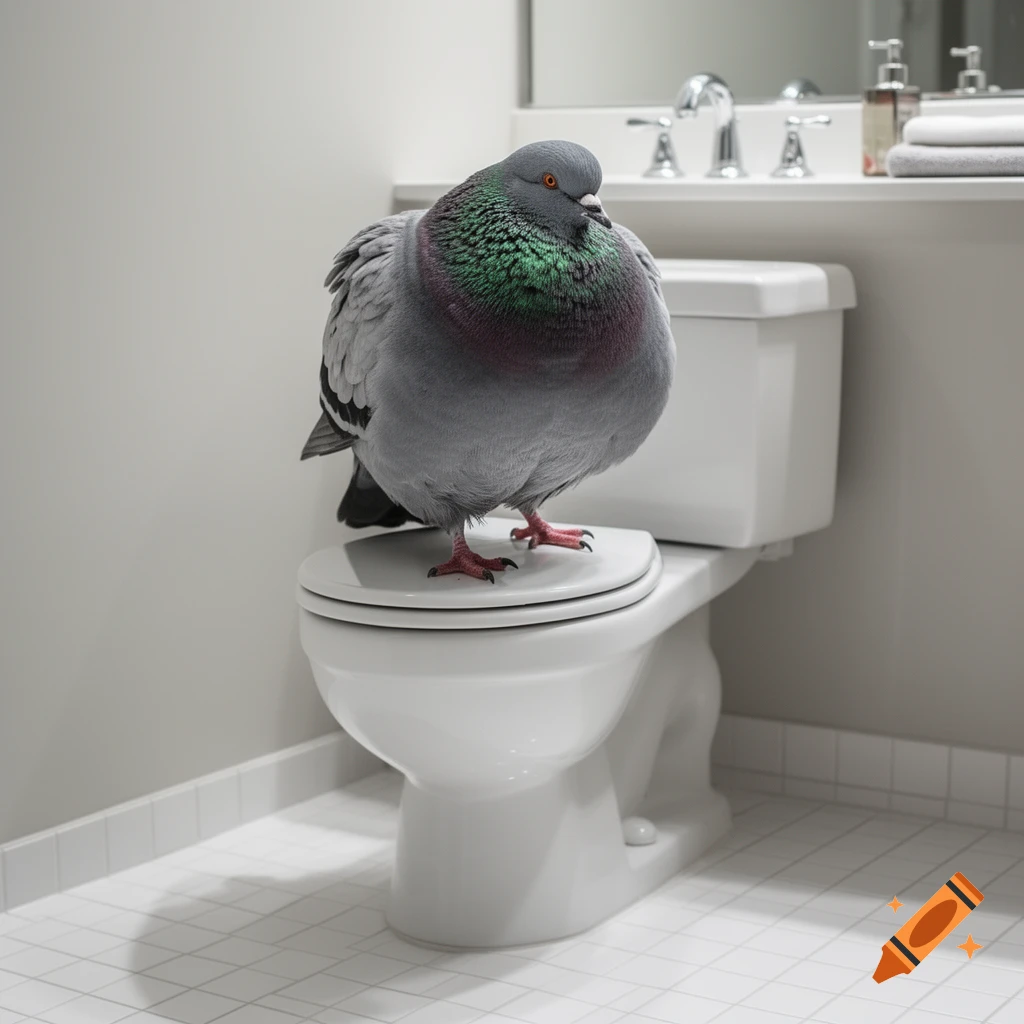 An obese pigeon stands on the lid of a white toilet in a brightly lit bathroom.