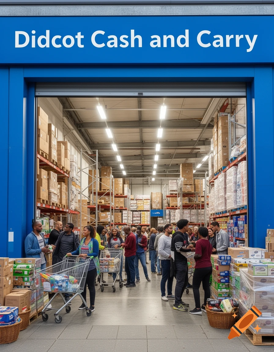 Photorealistic image of a busy Didcot Cash and Carry store entrance, with shoppers pushing carts and shelves stocked high.