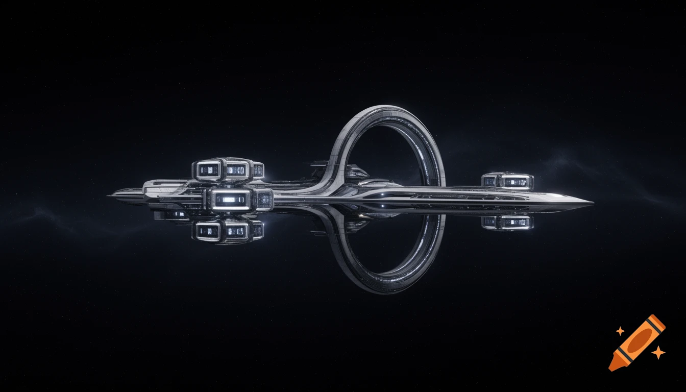 A sleek, futuristic silver spaceship with a large circular structure and glowing rectangular modules, against a dark starry background.