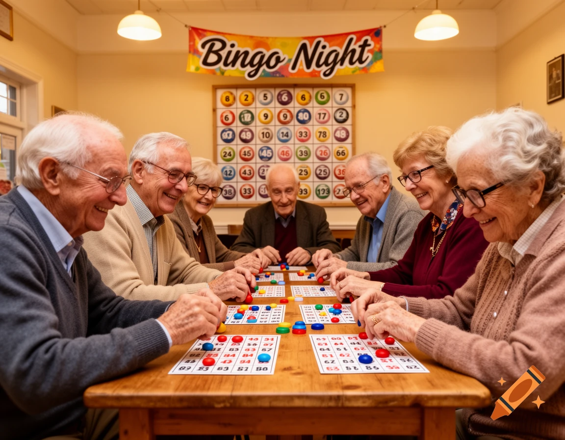 Elderly people playing Bingo at a wooden table in a well-lit room, with a 'Bingo Night' banner.
