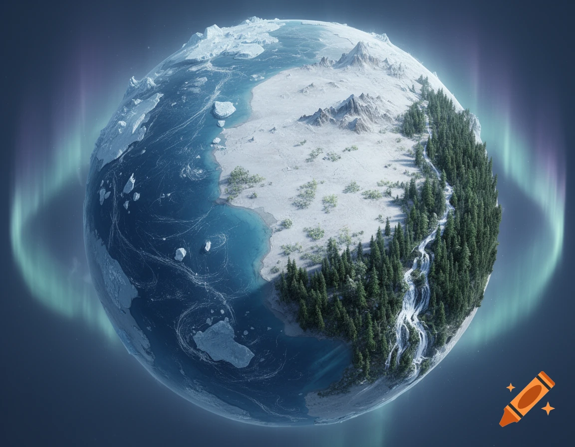 A stylized icy planet featuring a deep blue ocean with ice floes, snowy tundra, and a lush boreal forest with a waterfall, surrounded by an aurora.