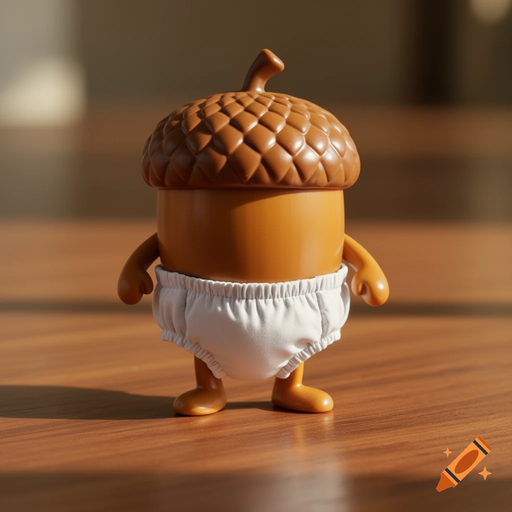 A plastic action figure of an acorn wearing a white diaper, standing on a wooden table with sunlight.