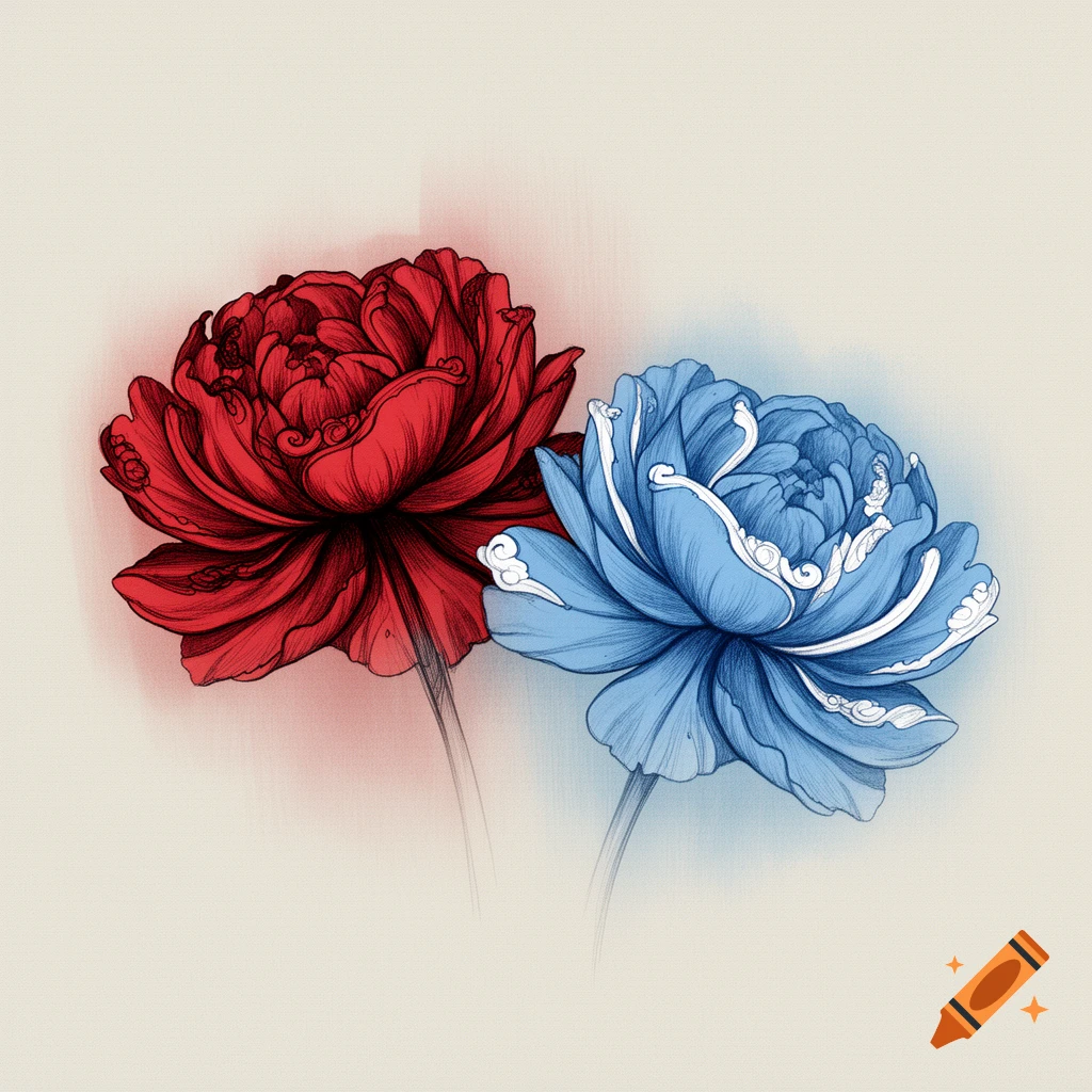 A red flower with black details and a blue flower with white details, drawn in a sketch style, side by side.