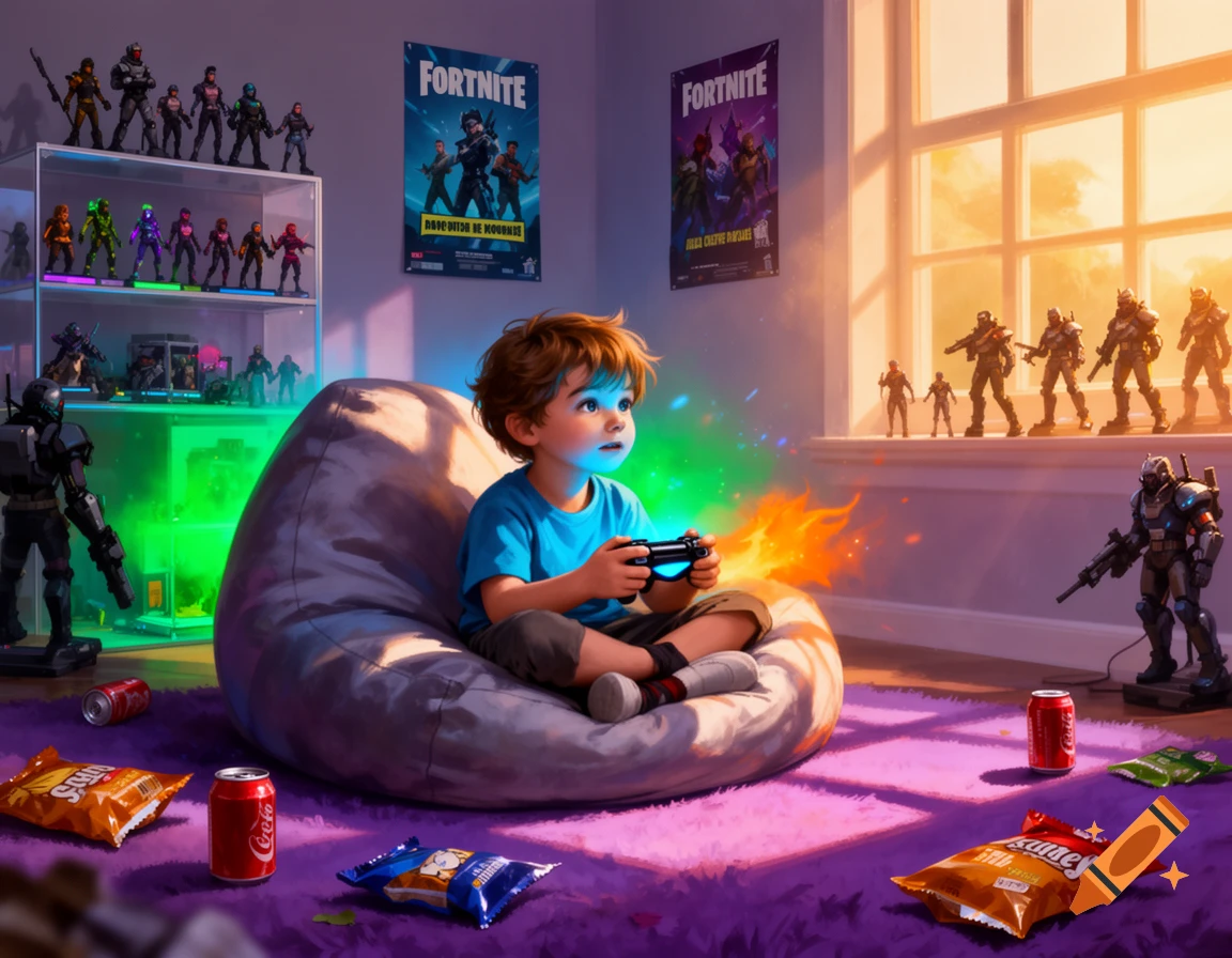 A young boy with glowing eyes sits on a beanbag chair in a dimly lit room, intensely playing a video game with a controller. Fortnite posters and action figures are displayed around him, with snack bags and soda cans on the purple rug.