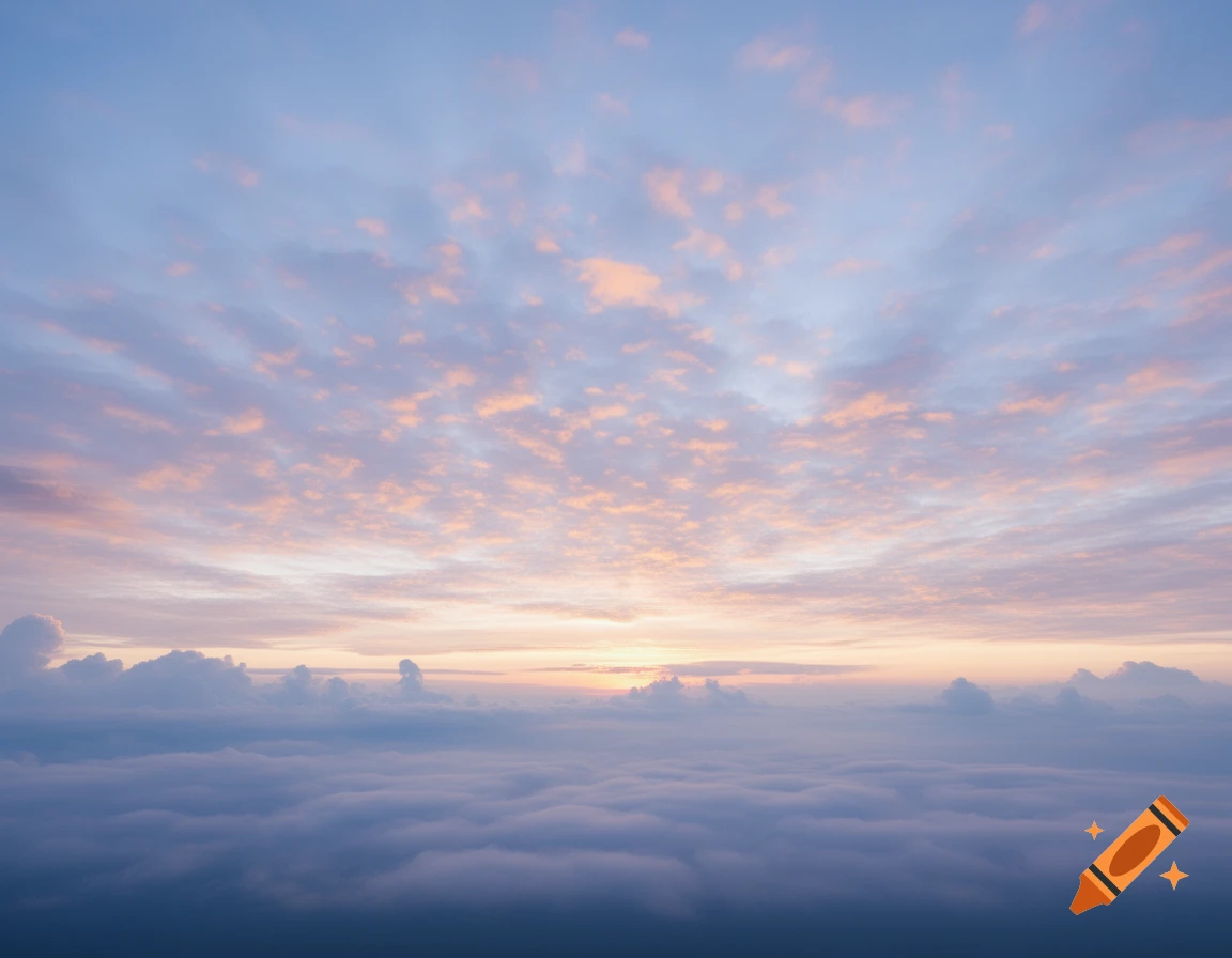 A serene aerial view above a sea of soft, purple-tinged clouds under a sky with pink and orange cumulus clouds.