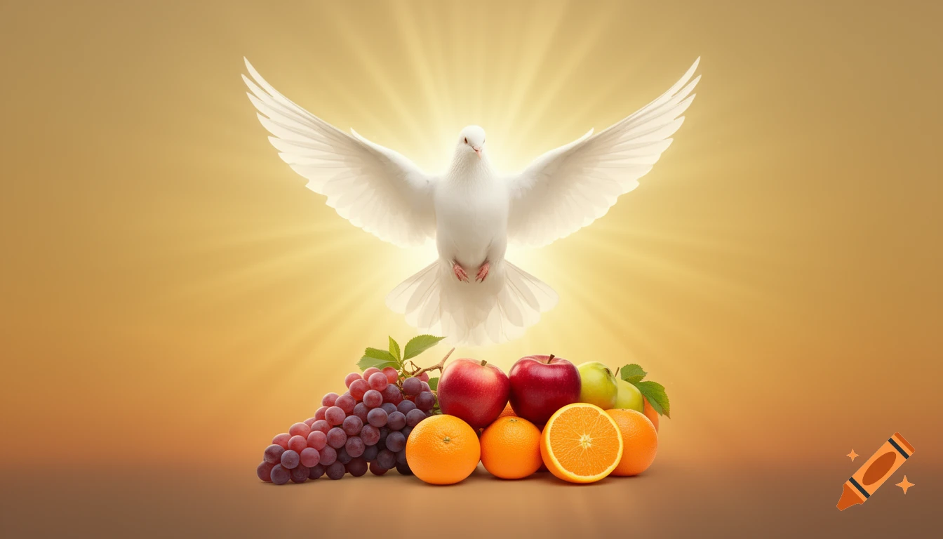 A white dove glowing with light above a vibrant pile of grapes, apples, and oranges on a golden background.