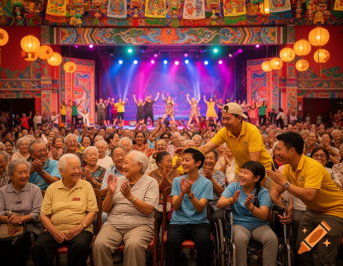 A large, happy crowd, primarily seniors, applauds performers on a brightly lit stage at a vibrant cultural event with festive lanterns.