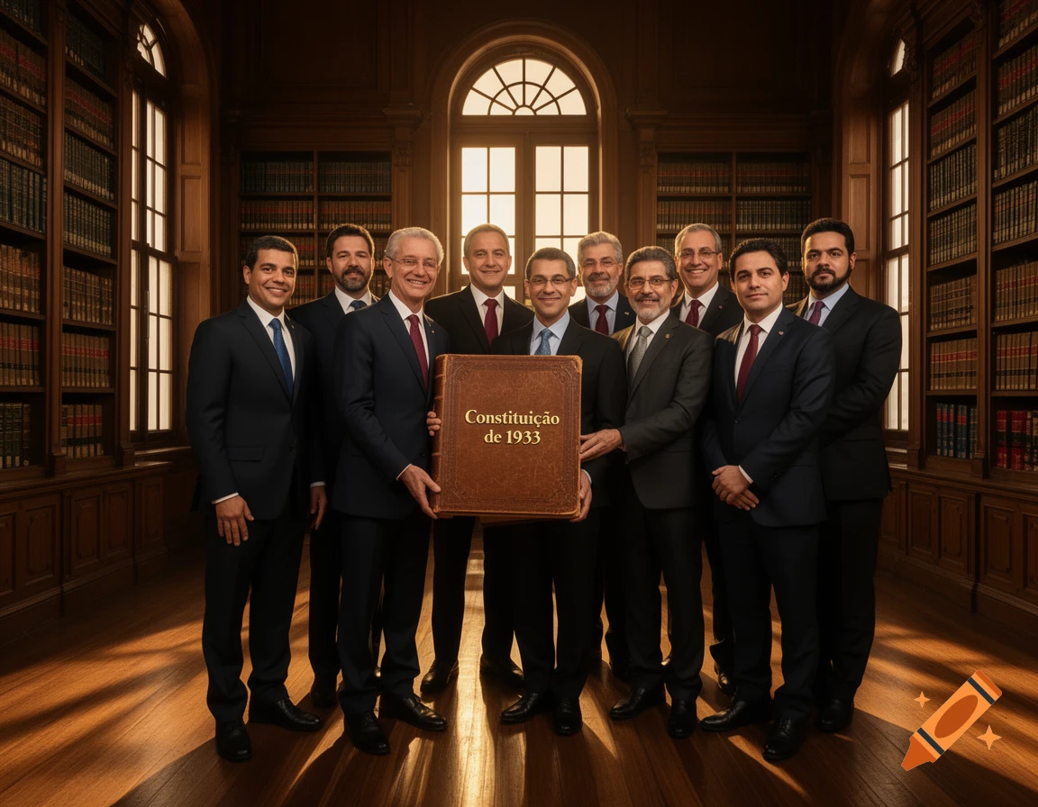 Group of men in suits holding a book 'Constituição de 1933' in a grand library, photorealistic.