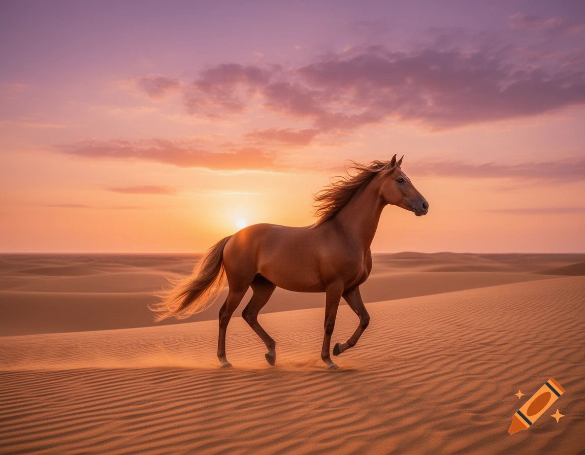 A majestic brown Arabian horse gallops across sand dunes at sunset, under a vibrant orange and purple sky with clouds.