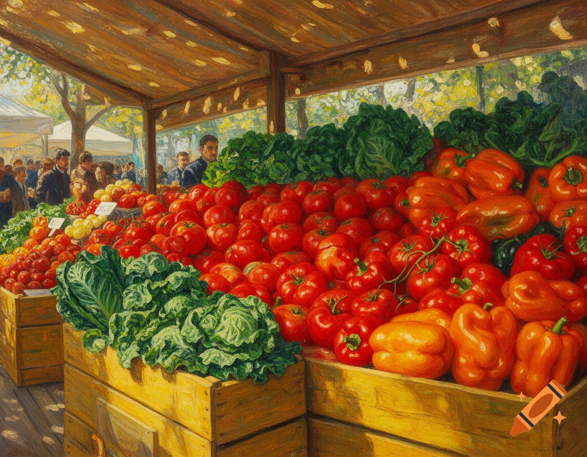 A vibrant impressionistic painting of an abundant farmers market stall, piled high with red tomatoes, orange peppers, and green lettuce.