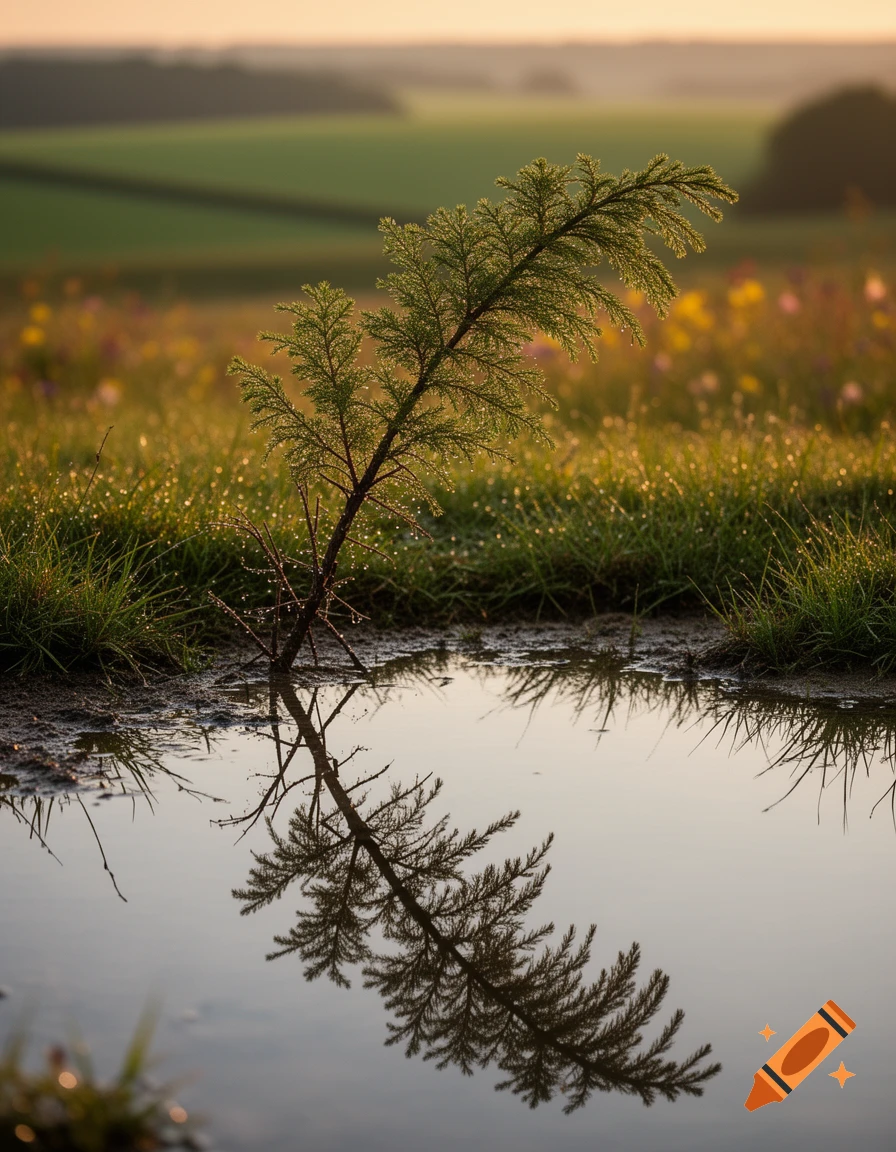 A small tree with dewdrops reflected in a puddle in a grassy field during golden hour.