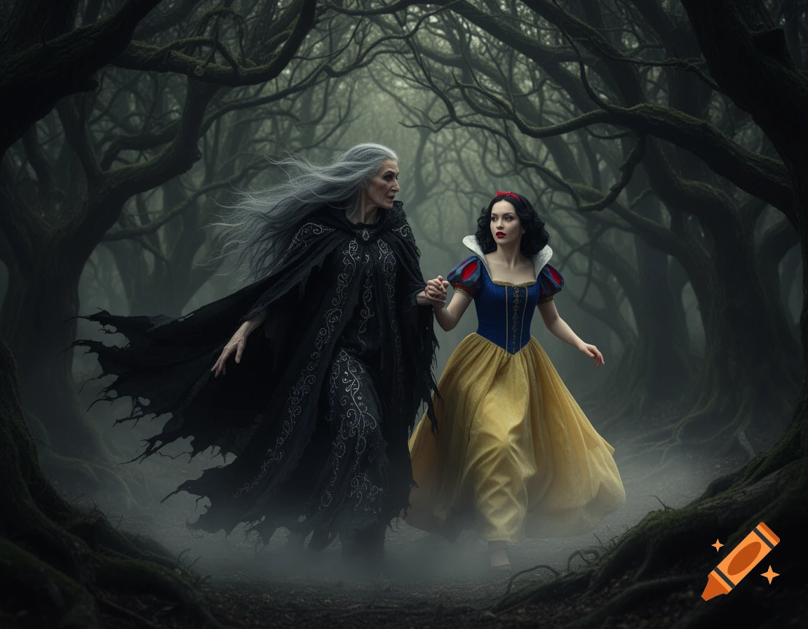 A witch and Snow White, holding hands, walk through a dark, foggy forest with gnarled trees in a photorealistic style.